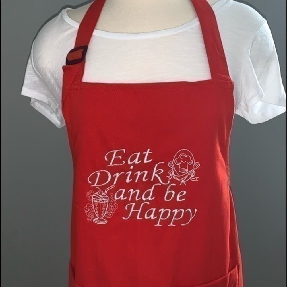 Embroidered Chef Apron Eat Drink Be Happy Hand Crafted NEW